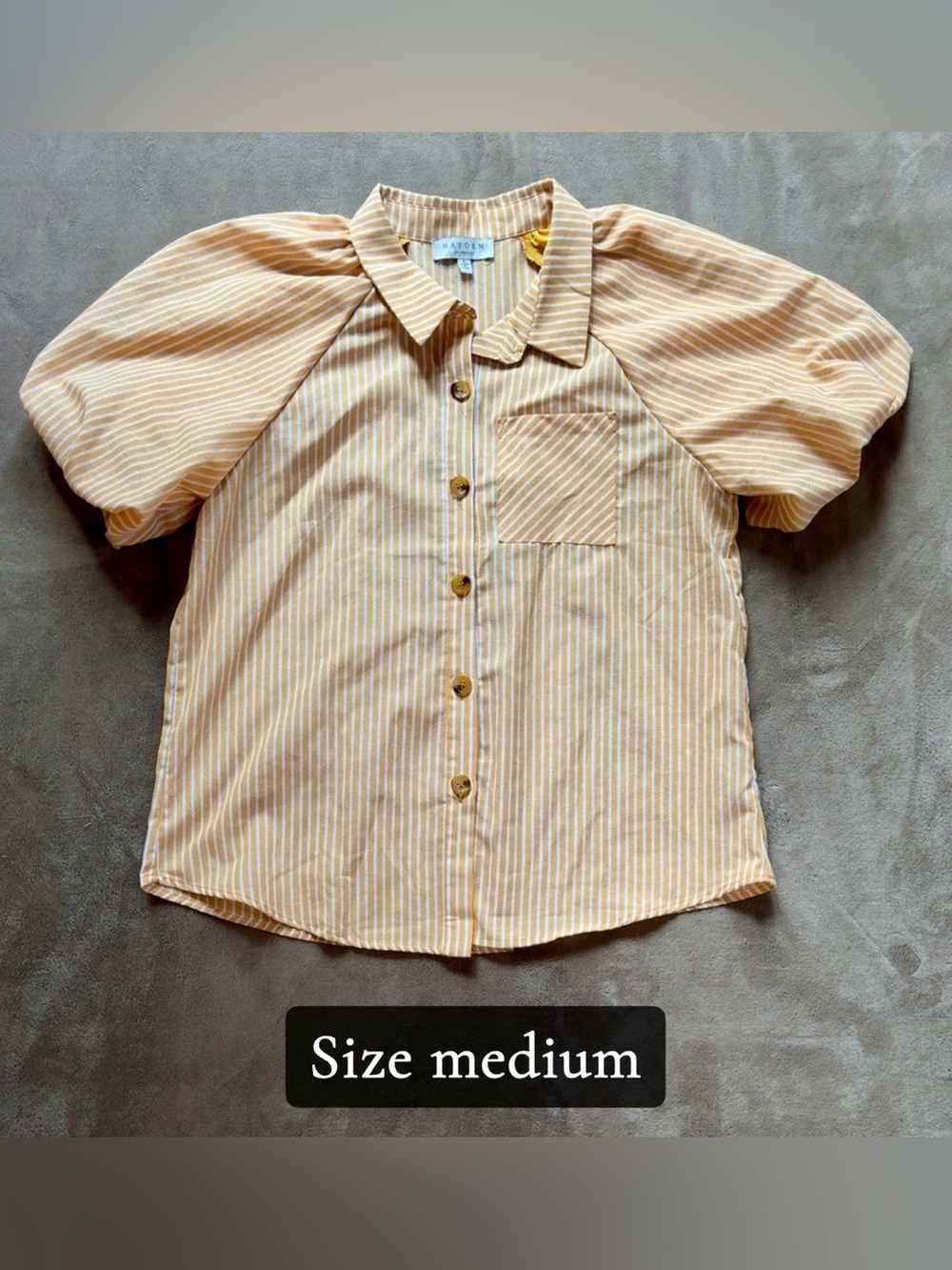 Striped Puff-Sleeve Button-Front Blouse in Yellow